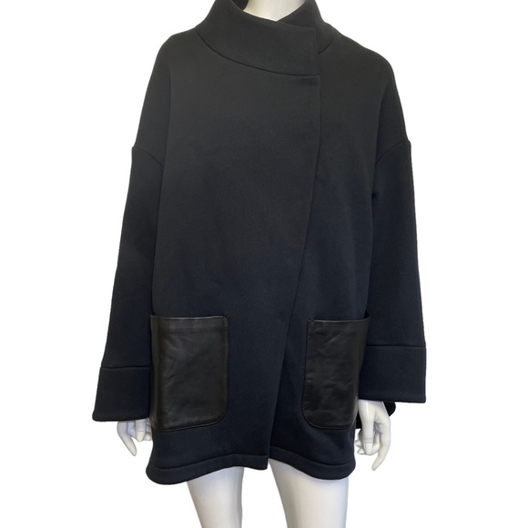 Cuyana Fleece High-Low Jacket with Patch Leather Pockets Black Size Large - Picture 3 of 9